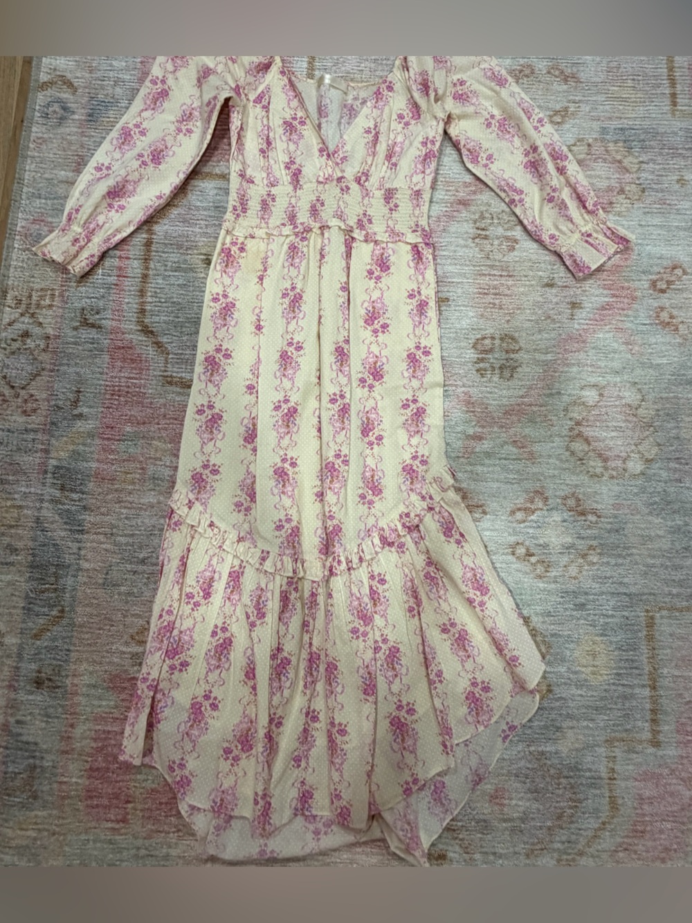 LoveShackFancy Pink and Cream Floral Ruffle Maxi Dress -Size S
